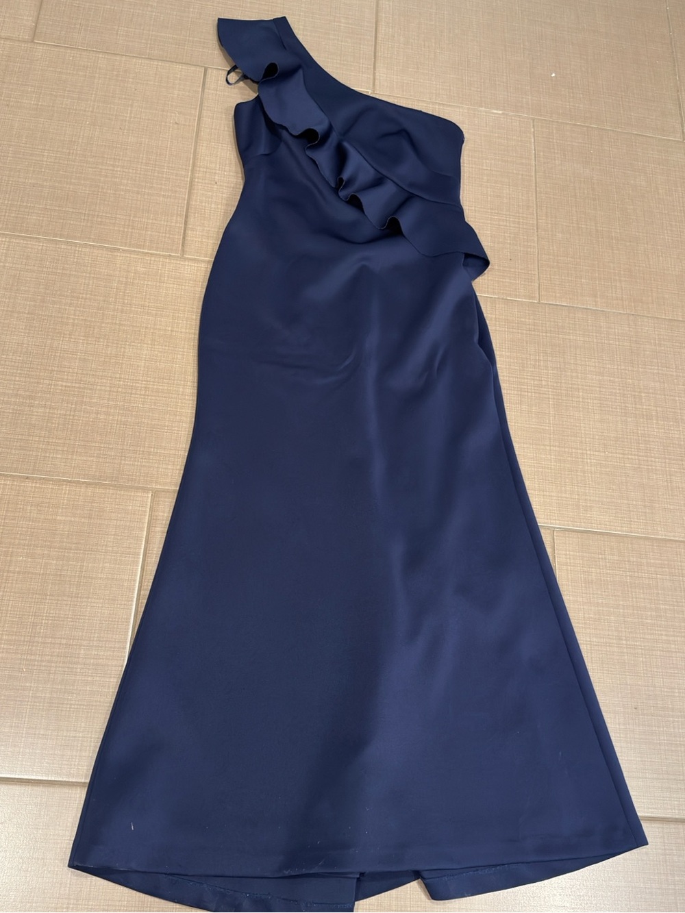 Jessica Howard Navy One-Shoulder Ruffle Gown